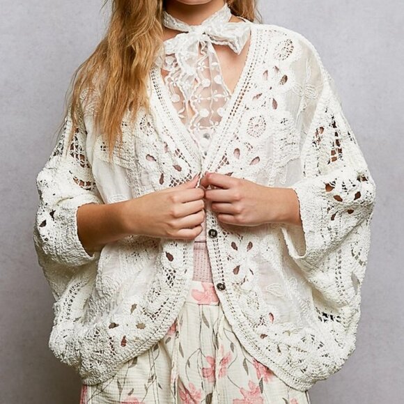 POL Sweaters - POL POL 2026 Batwing Sleeve Button Down Solid Crochet Cardigan Top 0/S WHITE